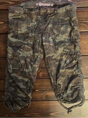 Y2K Garage Camo Ruched Capris Cargo Pants with Drawstring Ties | Medium